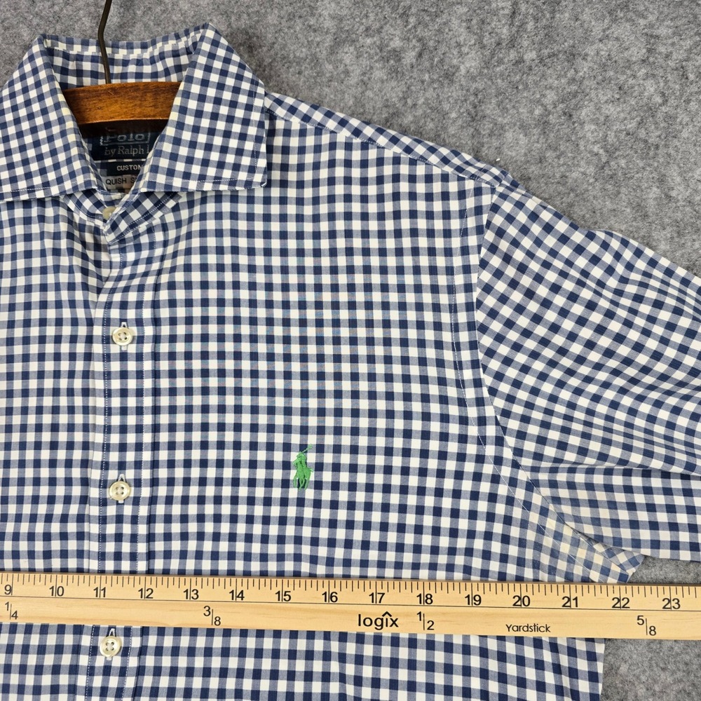 Polo Ralph Lauren Men Gingham Shirt Navy Blue White Custom Fit 15.5 34/35 Cotton - Picture 4 of 9